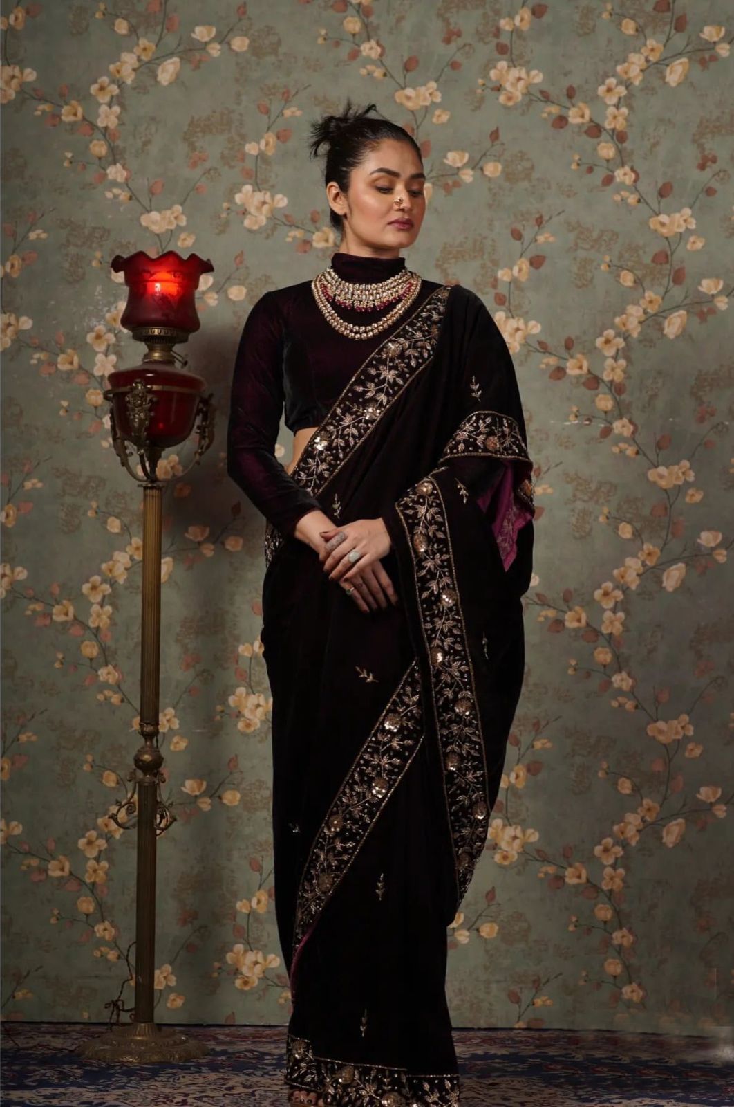 Viscose Velvet saree with Zari Embroidery