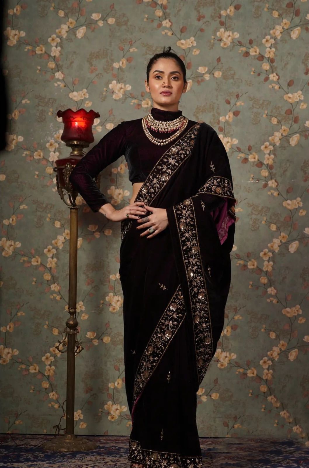 Viscose Velvet saree with Zari Embroidery