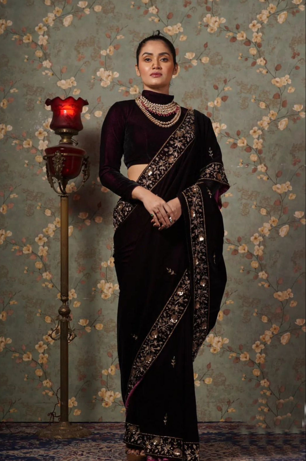 Viscose Velvet saree with Zari Embroidery