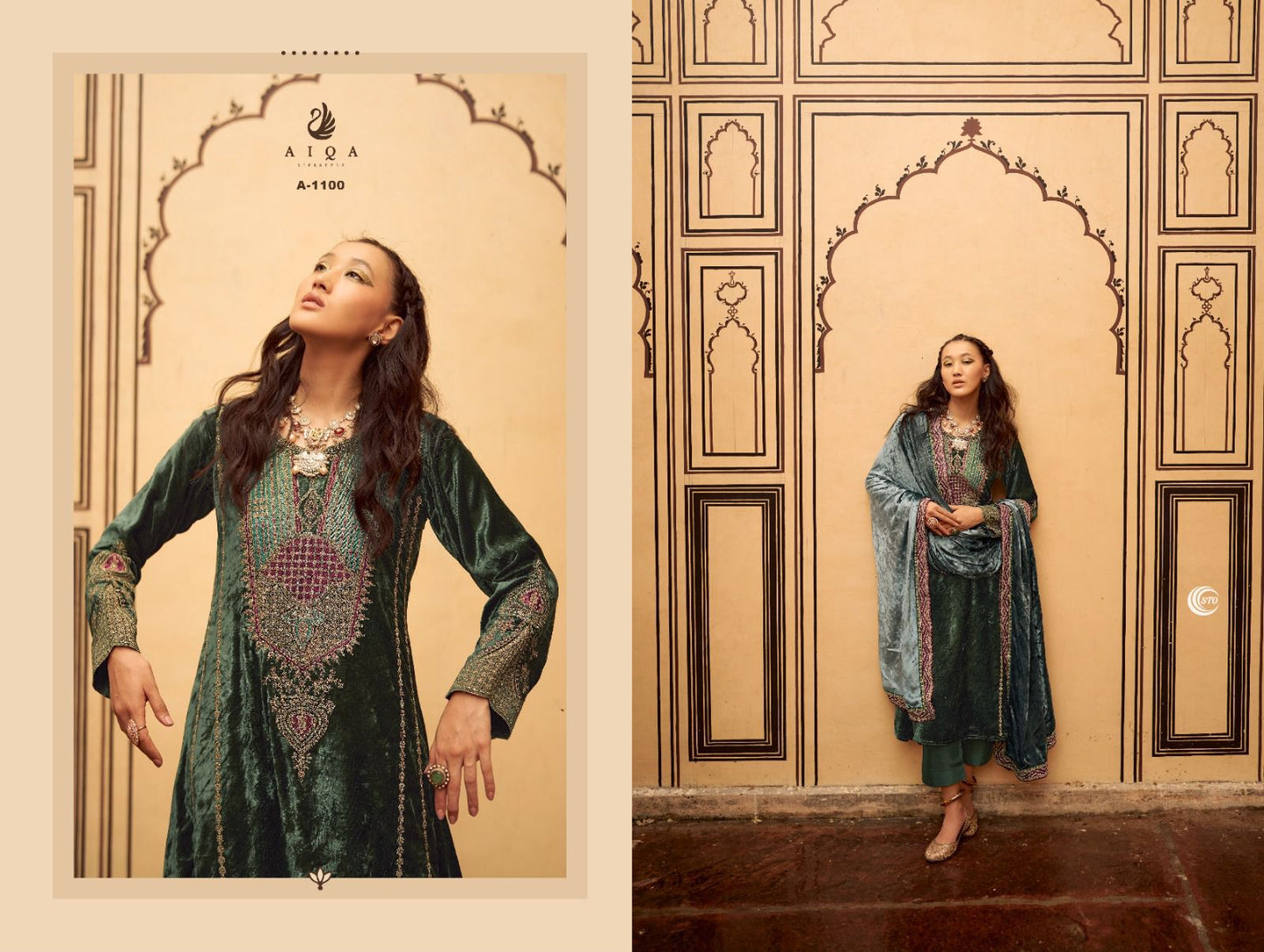 Velvet Embroidered Suits with Dupatta and Pashmina Bottom