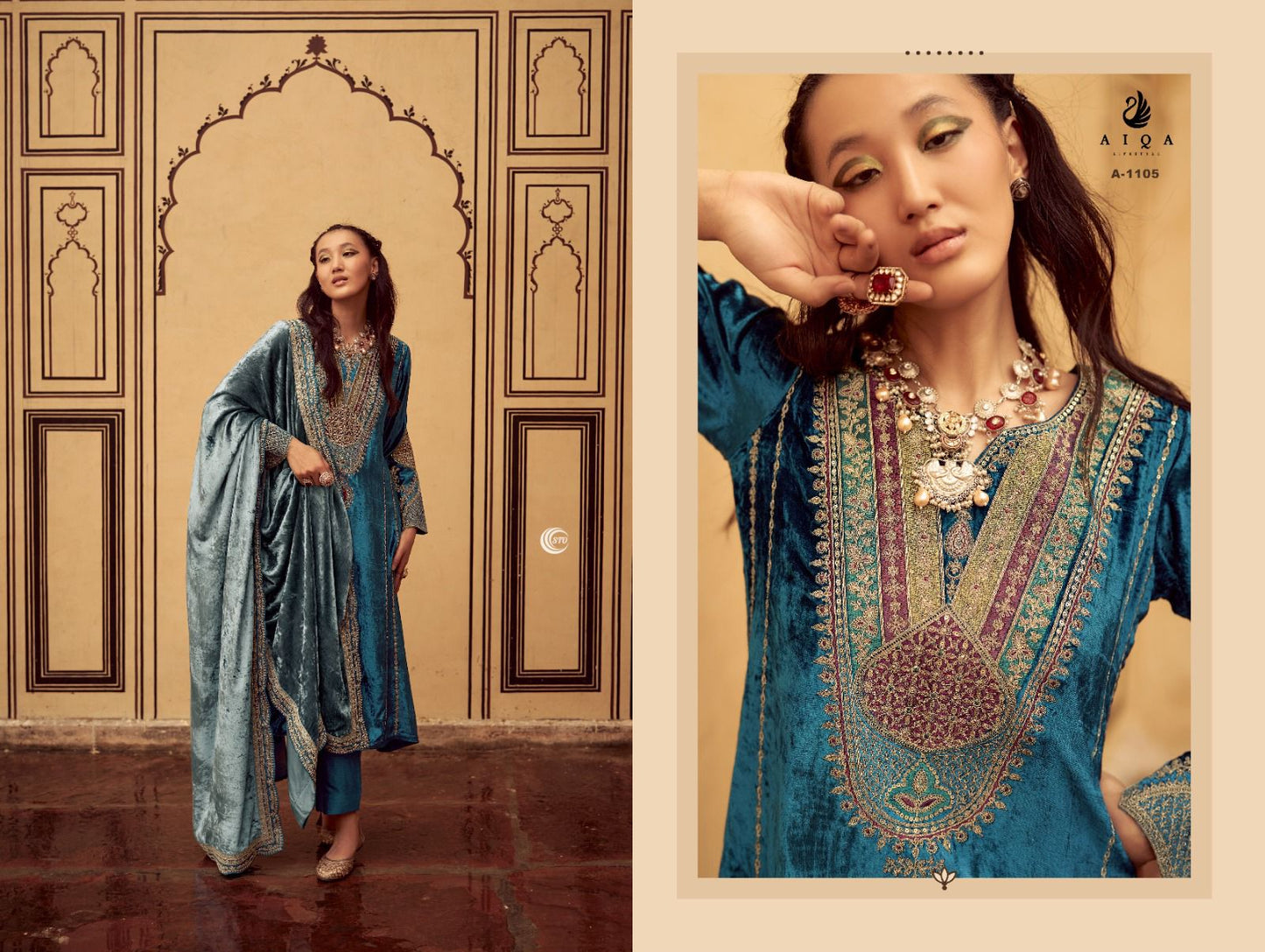 Velvet Embroidered Suits with Dupatta and Pashmina Bottom