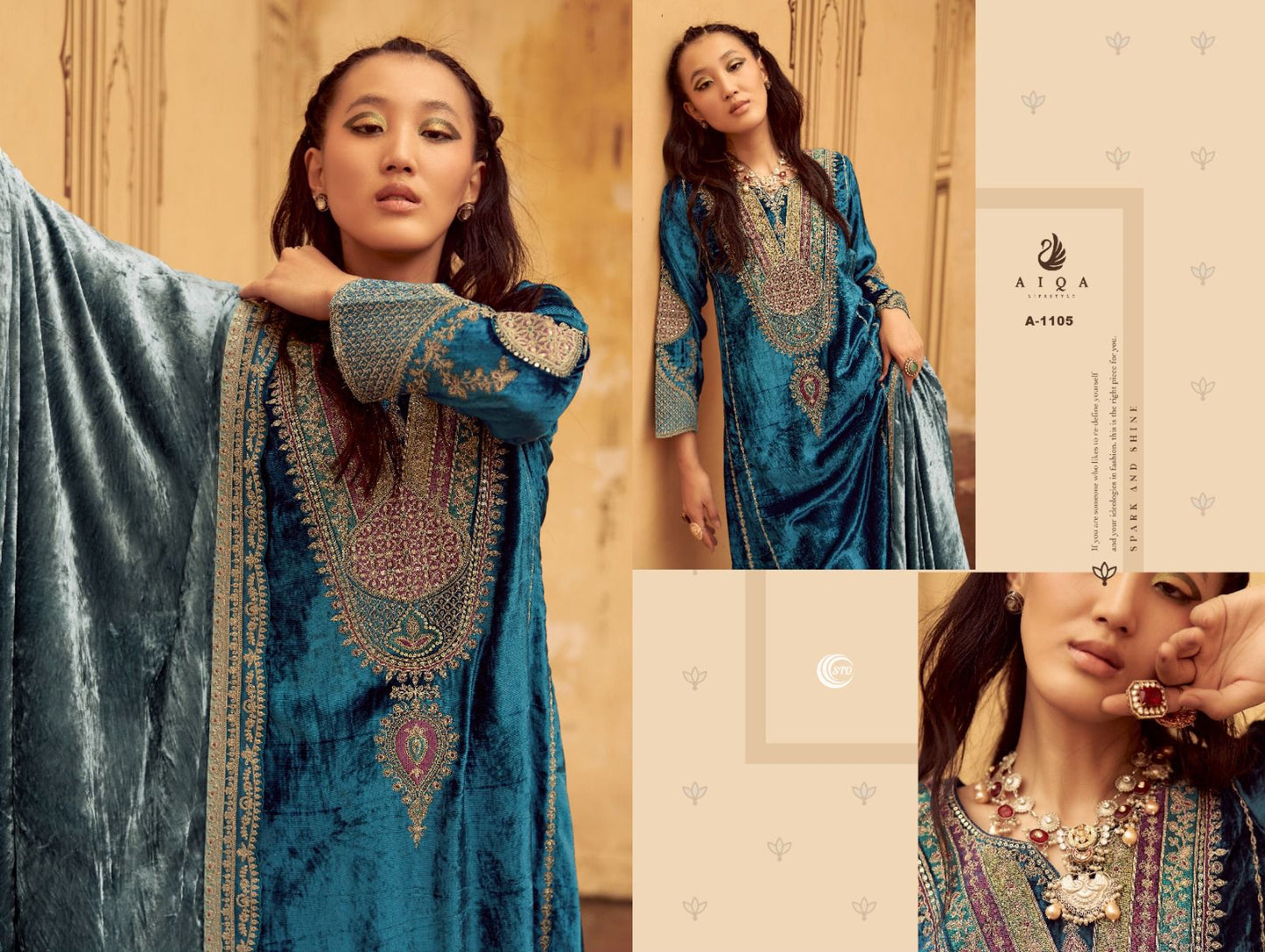 Velvet Embroidered Suits with Dupatta and Pashmina Bottom