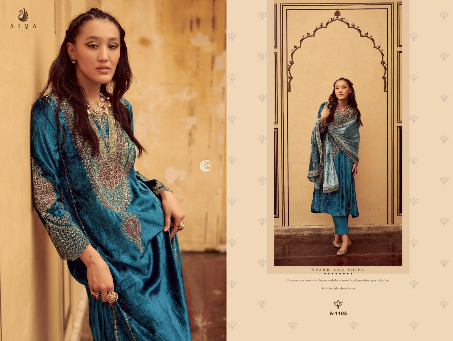 Velvet Embroidered Suits with Dupatta and Pashmina Bottom