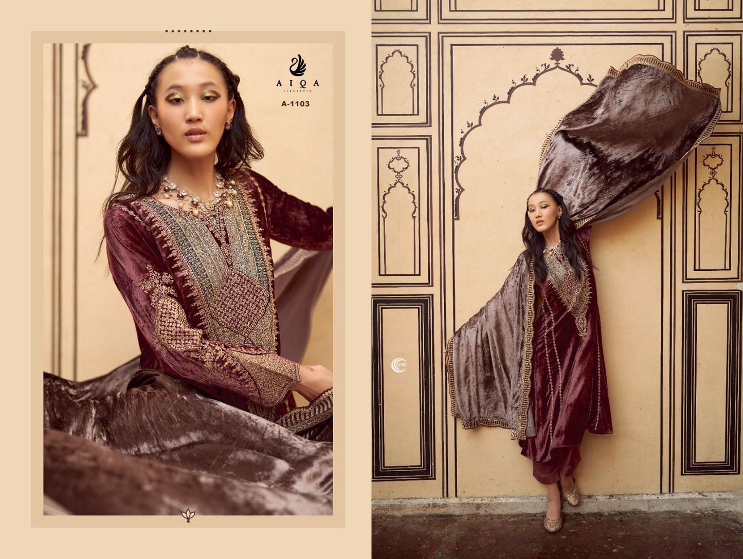 Velvet Embroidered Suits with Dupatta and Pashmina Bottom