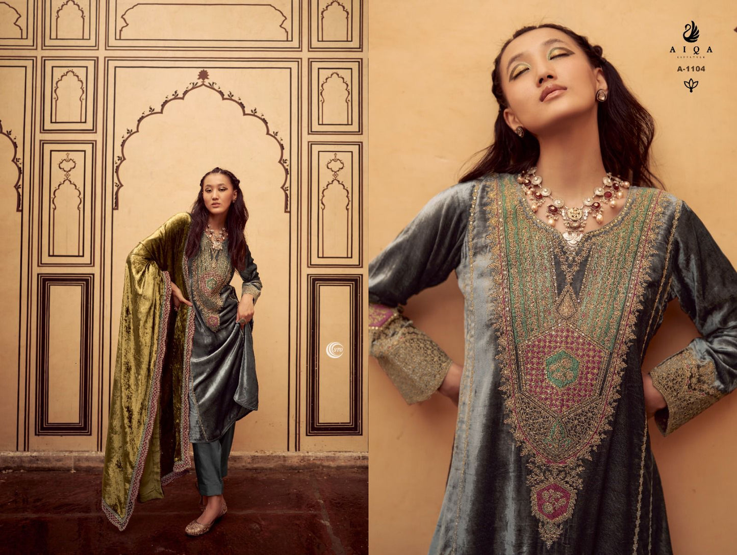 Velvet Embroidered Suits with Dupatta and Pashmina Bottom