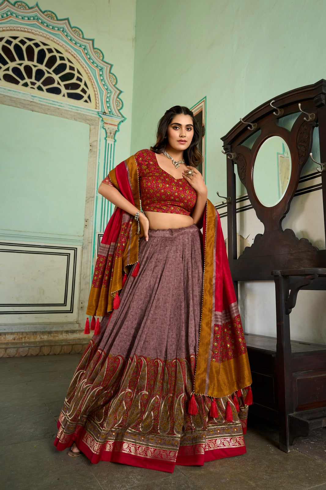 Tussar Silk Lehenga Choli with Kashmiri Print