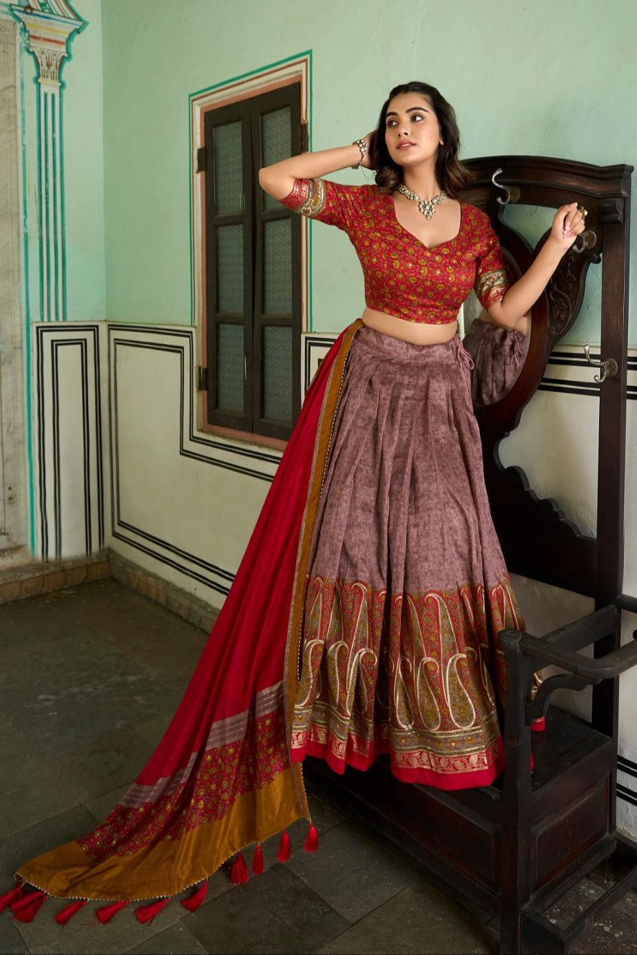 Tussar Silk Lehenga Choli with Kashmiri Print