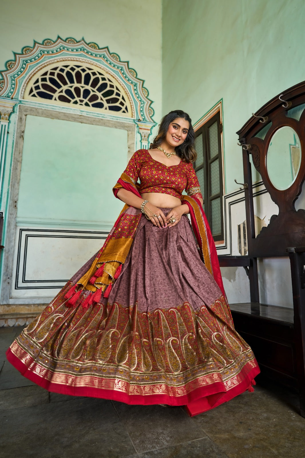 Tussar Silk Lehenga Choli with Kashmiri Print